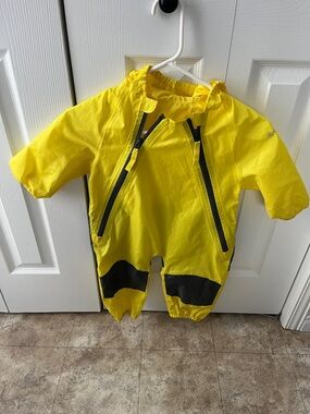 Children's Yellow Waterproof One-Piece Rain Suit with Contrast Panels